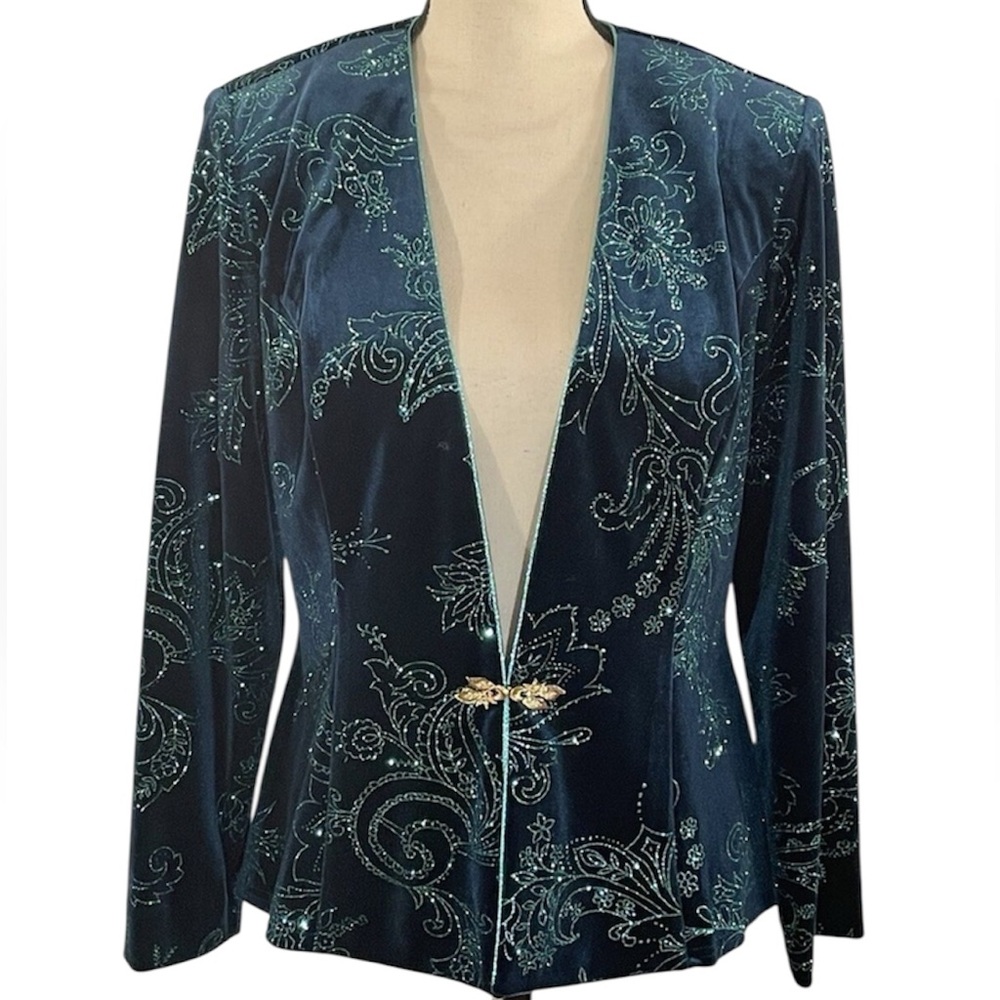Vintage R&M Richards Deep Green Velvet Glitter Formal Jacket Size 12P